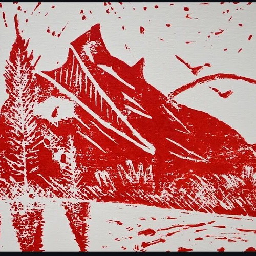 Landscape limited edition hand carved linoleum print
