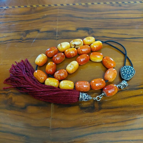 Worry beads from red coral root like new with 21+1 beads and silver elements