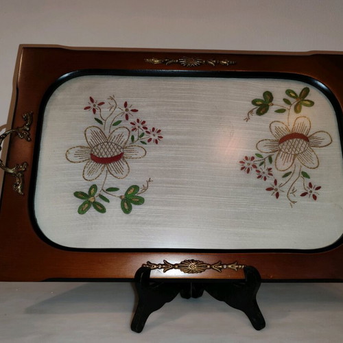 Wooden tray with handmade vintage embroidery used, glass top and two handles