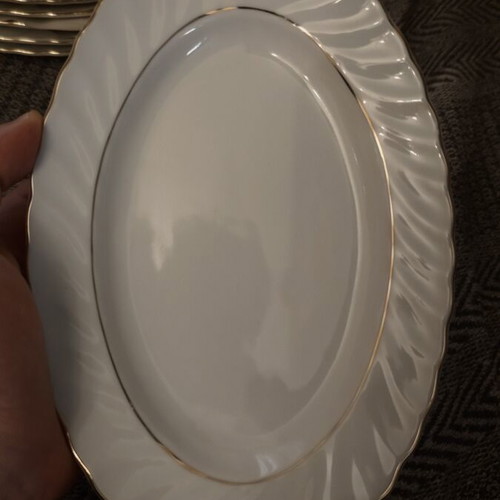 Bavarian porcelain oval plates set of 7, gold-trimmed, new, 1950-1980