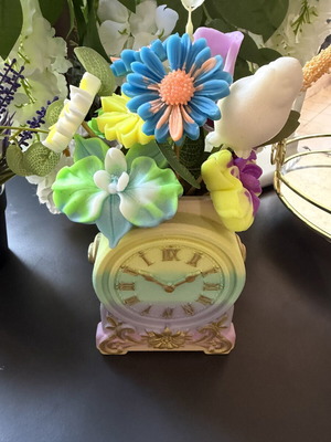 Decorative clock with flowers, colorful composition and gift for woman
