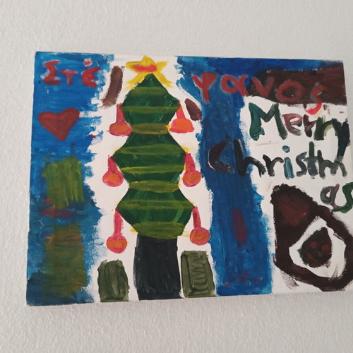 Handmade canvas painting Christmas tree Merry Christmas Naive Art
