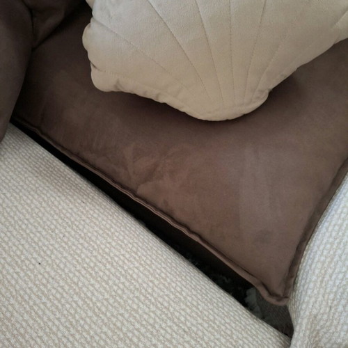 Corner sofa four-seater used, brown without covers and beige cushions