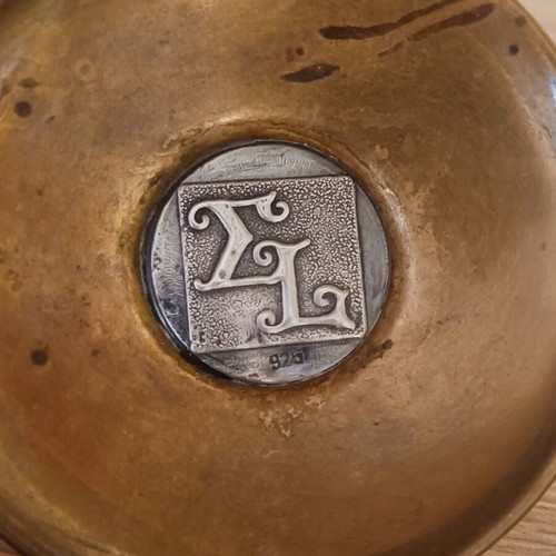 Vintage brass tray with 925 silver monogram used