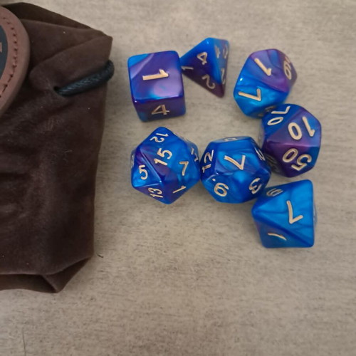 Runic leather dice bag with purple blue marbled D&D dice set