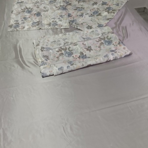 Satin bed sheet set unused, grey fitted sheet and printed top sheet with two pillowcases