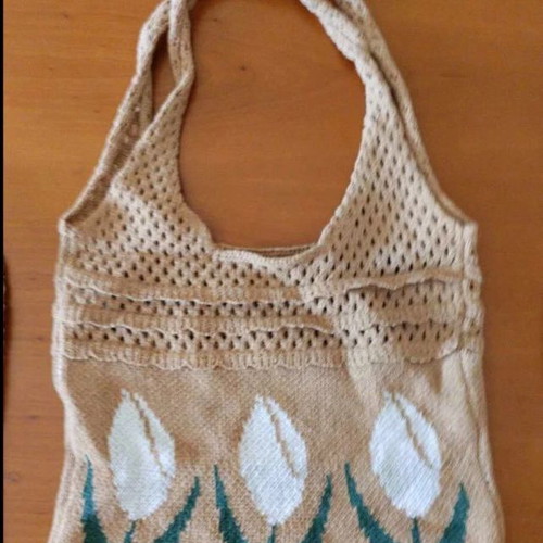 Knitted Tote Bag with White Tulips new, beige and white shoulder bag