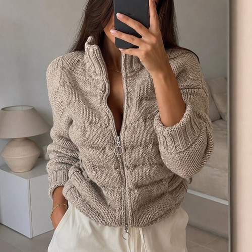 Women's knitted zip-up cardigan sweater, beige