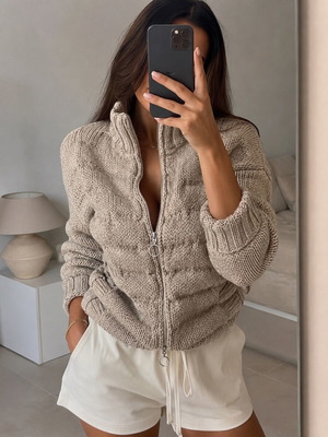 Women's knitted zip-up cardigan sweater, beige