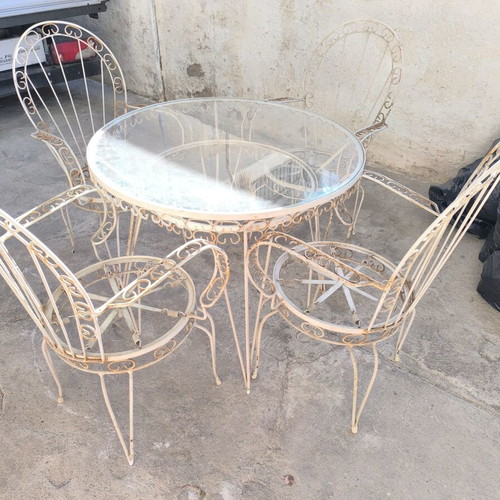 Fer Forje Set with Sofa used, 4 Chairs with Cushions, 1 Table, 1 Two-Seater Sofa