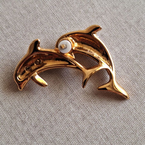 Swarovski Crystal Twin Dolphins Pin Brooch new, white and gold-tone