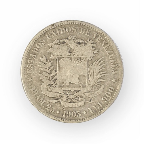 Venezuela 5 Bolivares 1903 coin used, silver