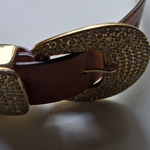 Leather belt with strass like new, brown and gold, 100 cm
