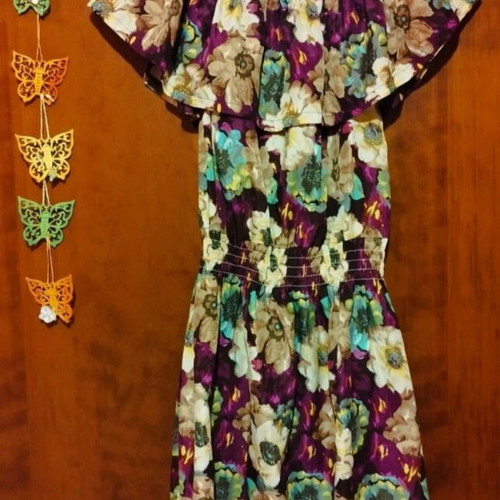 Floral mini dress used, purple, elastic waist, size XL