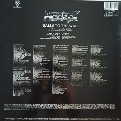 Accept Balls to the Wall LP like new, metal