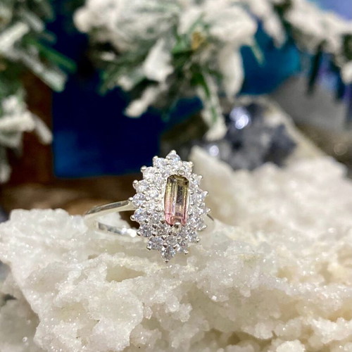 Handmade silver ring with natural watermelon tourmaline and moissanite