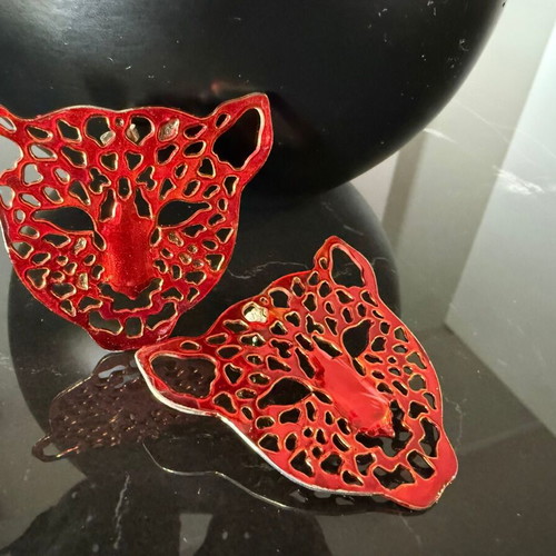 Silver leopard earrings with red enamel by Katerina Gazepis like new