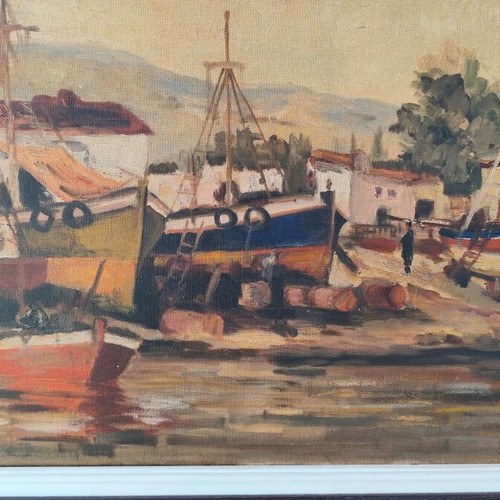 Oil painting on canvas by Antonis Karras used, seaside landscape with fishing boats