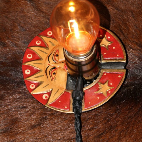 Sun Antique Lamp with Teak Wood Base and Warm Yellow Light
