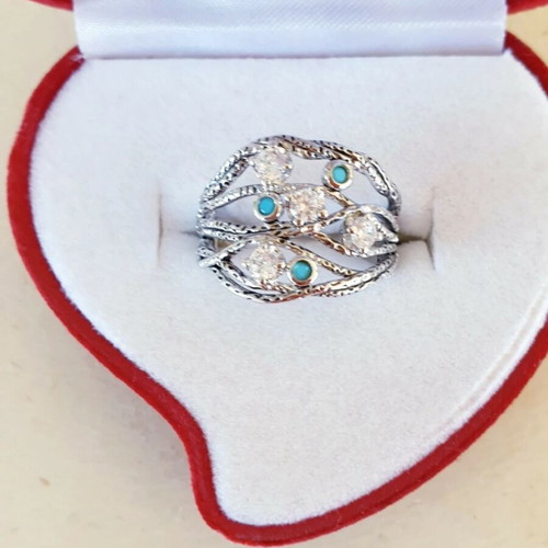 925 Silver Solid Ring Vintage 70ies with Turquoise and Cubic Zircon Like New