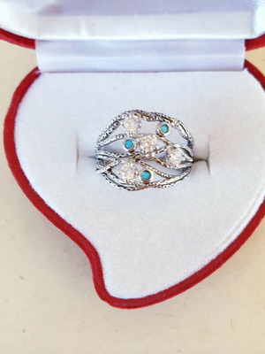 925 Silver Solid Ring Vintage 70ies with Turquoise and Cubic Zircon Like New