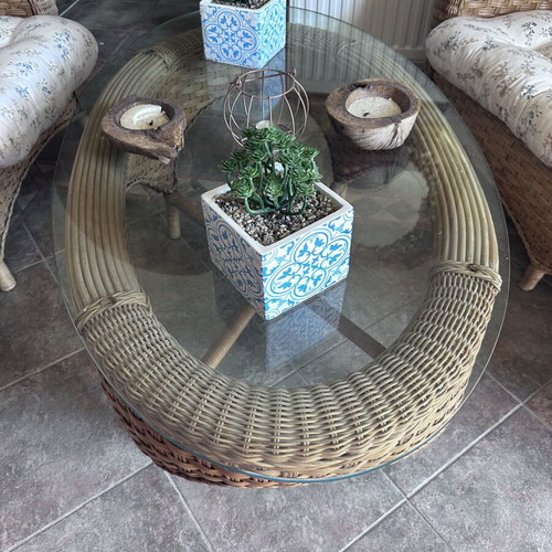 Bamboo outdoor sofa set like new with loveseat, two armchairs and table