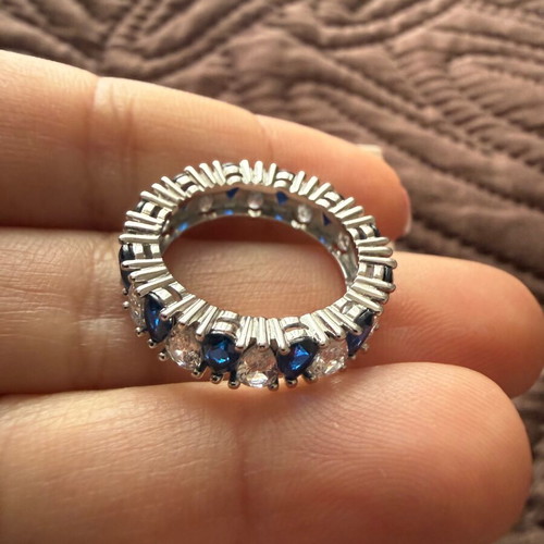Silver full band ring with blue and white zircons, new