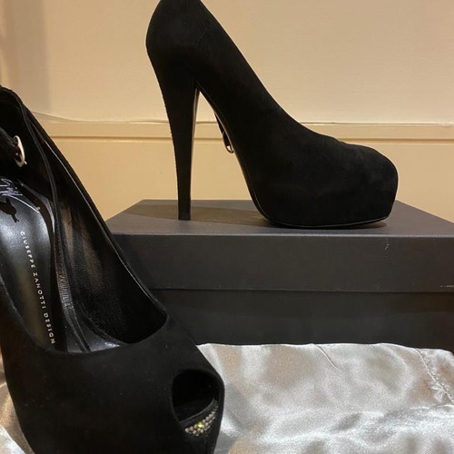 Giuseppe Zanotti black suede peep toe shoes with Swarovski crystals used, size 40