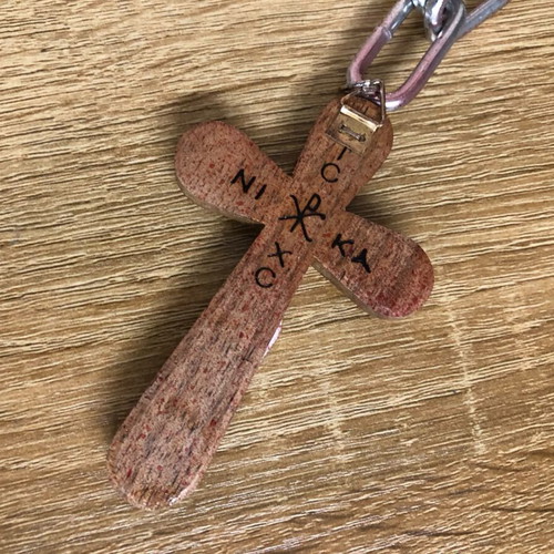 Industrial Blood-Splatter Paperclip Chain with Wooden Icon Crucifix Pendant new