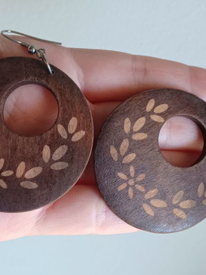 Wooden hanging earrings handmade with floral design, like new