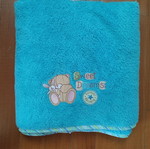 Baby fleece blanket used, blue with appliqué designs