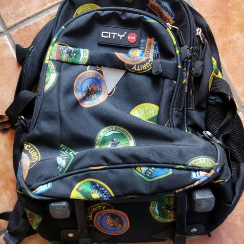 School backpack used with cut strap on the back