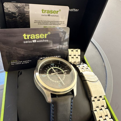 Traser Mens P59 Aurora GMT Black Leather Strap watch like new