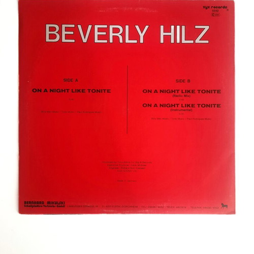 Beverly Hilz On A Night Like Tonite 12" vinyl single, like new