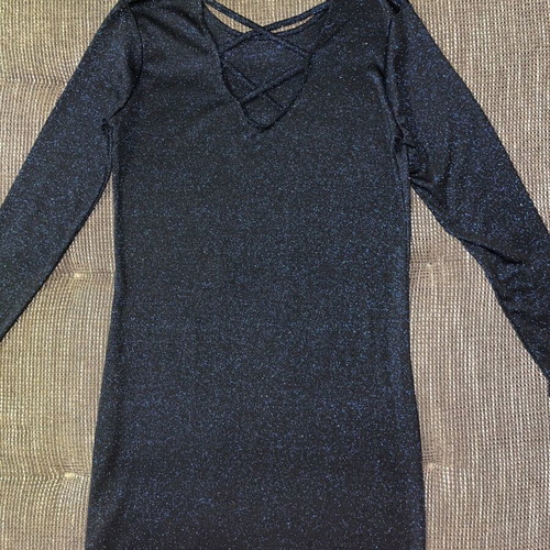 Elegant long-sleeve black blue glitter dress like new