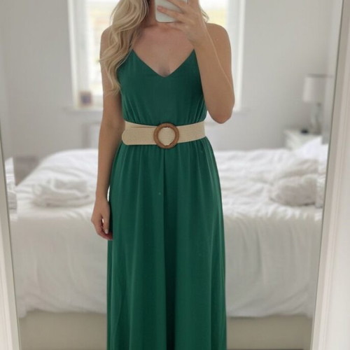 Long jumpsuit emerald green with woven belt and straps like new