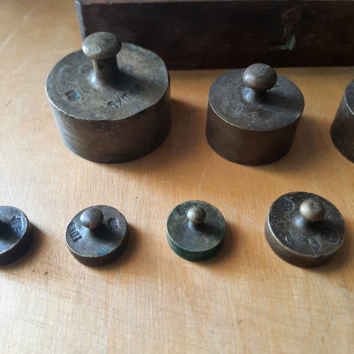 Wooden box with brass weights used, 1950s-60s vintage