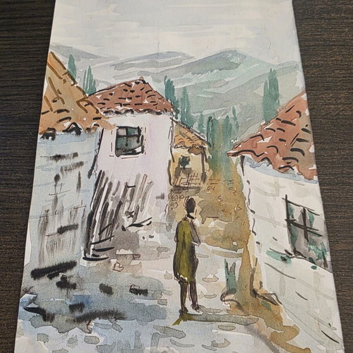 Kostas Banasis watercolor Greek village like new