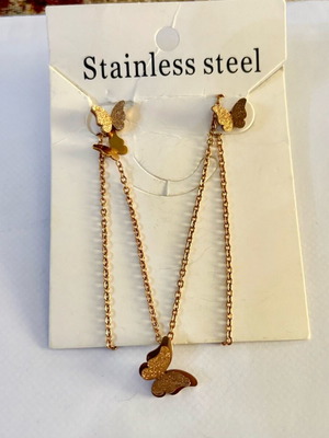 Stainless steel butterfly earrings and necklace set pink-gold new
