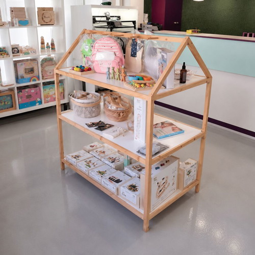 Wooden house-shaped display shelf for store
