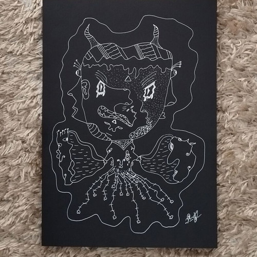Handmade A4 Golem Baby Art Print White Line on Black Cardboard New