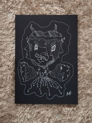 Handmade A4 Golem Baby Art Print White Line on Black Cardboard New
