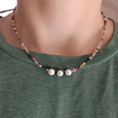 Handmade necklace with colorful tourmalines and freshwater pearls new