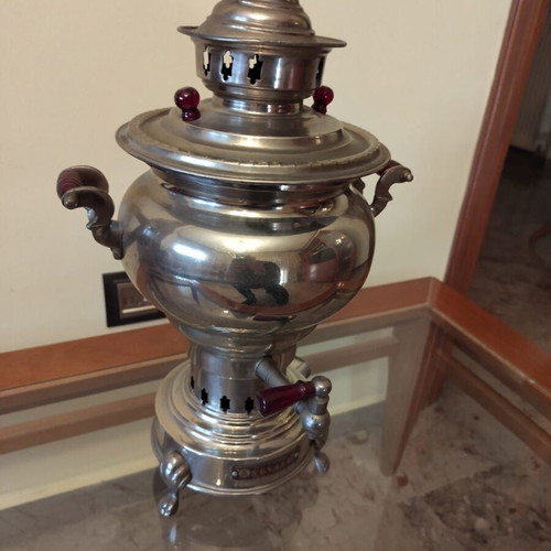 Vintage metal samovar SEVAL used with burgundy details