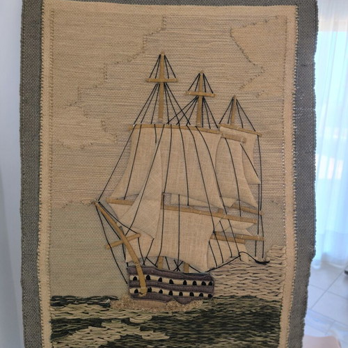 Large vintage 3D wall hanging woven sailboat decor