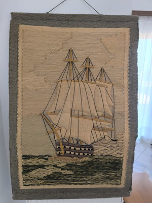 Large vintage 3D wall hanging woven sailboat decor