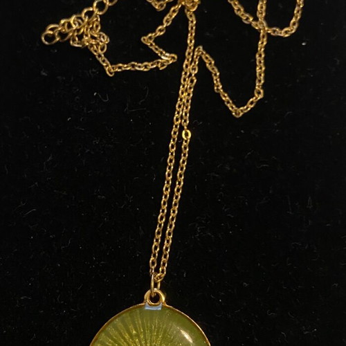 Necklace used, green-gold steel shield pendant
