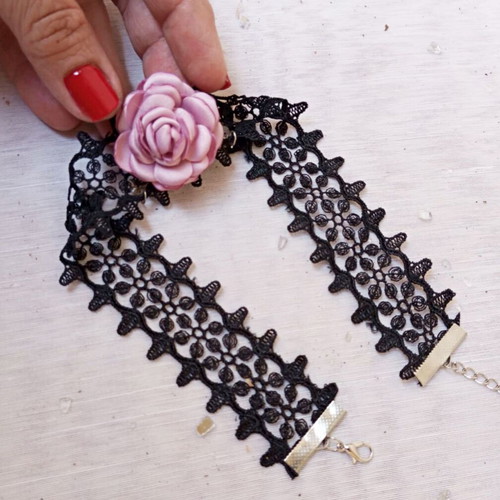 Lace choker new with pink rose and decorative elements