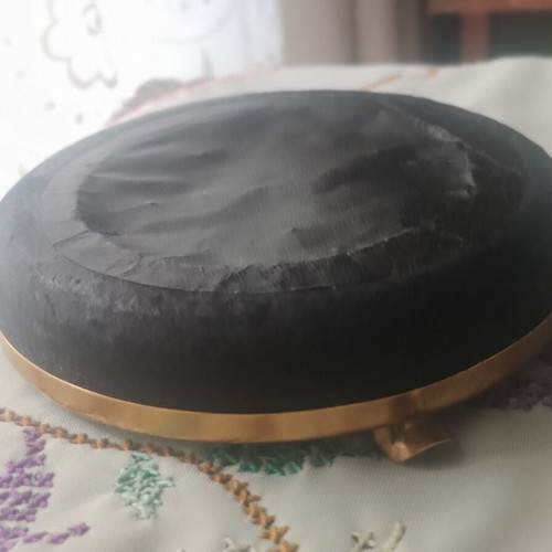 Vintage circular ashtray used, 16 cm diameter with embroidered glass insert