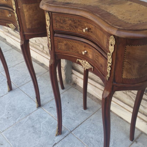 Nightstands pair walnut wood marquetry with brass decoration like new